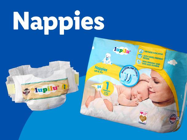 Lupilu nappies, including a pack and a single diaper, on a blue background.
