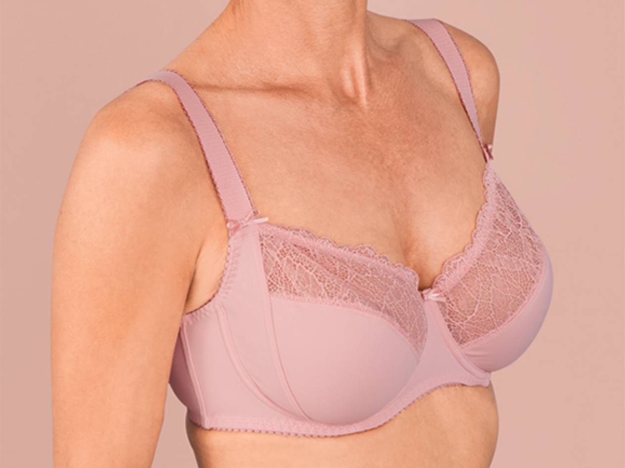 Pink lace-trimmed bra.