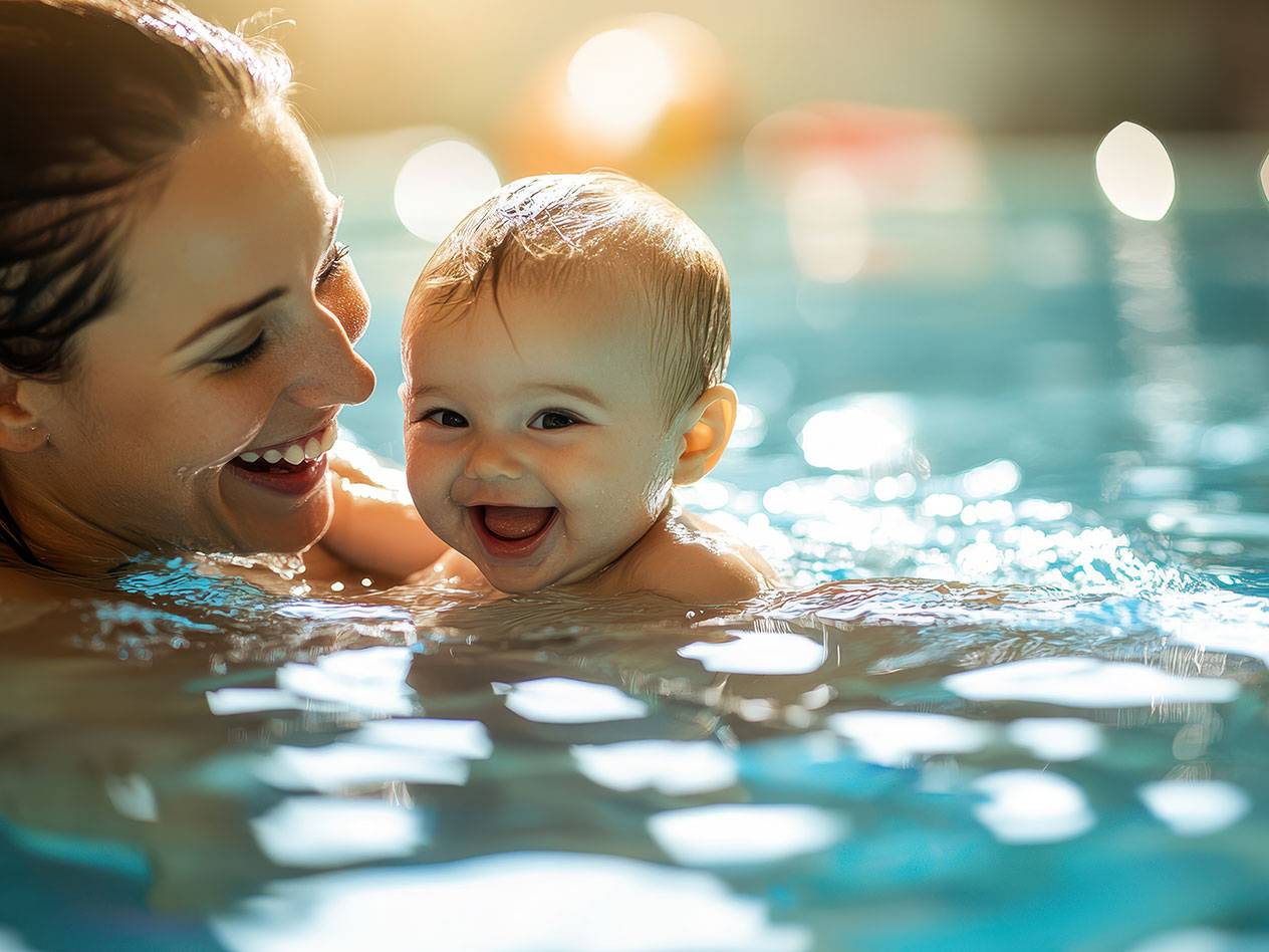 Mother and baby swimming in a pool.