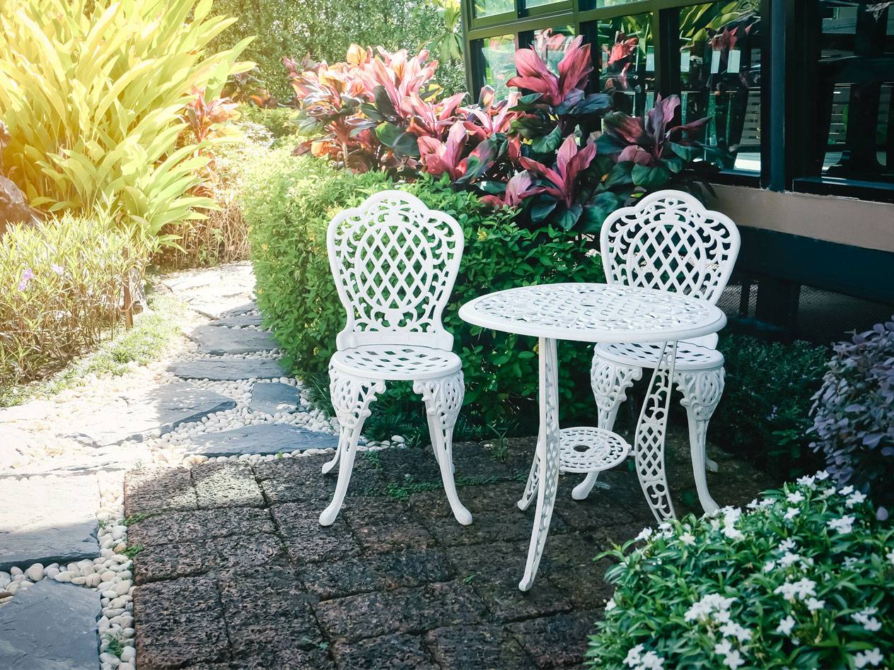 White metal garden table and two chairs.