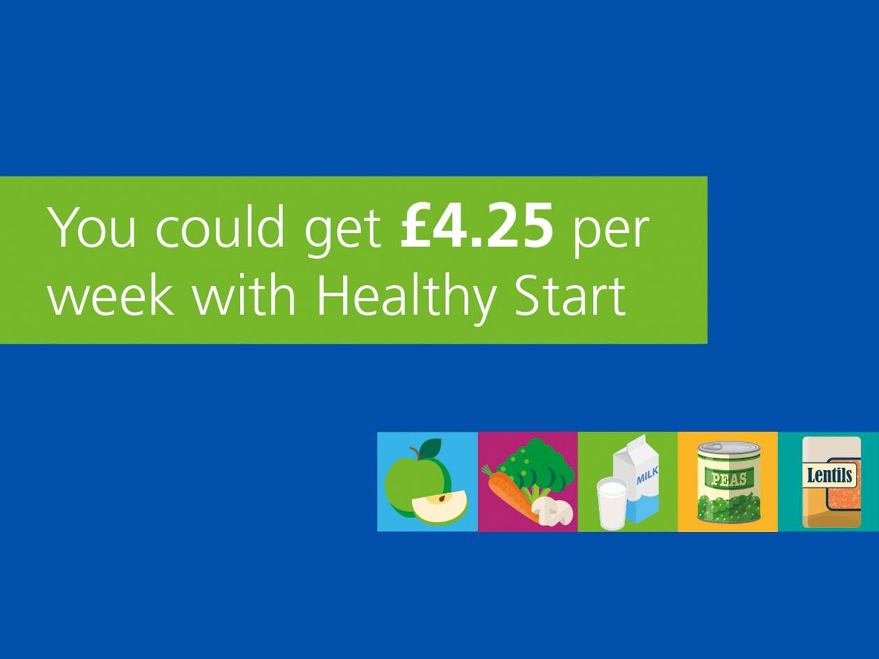 £4.25 per week with Healthy Start: apples, broccoli, milk, peas, lentils.