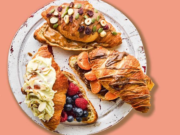Chocolate, nut, jam and fruit croissants.