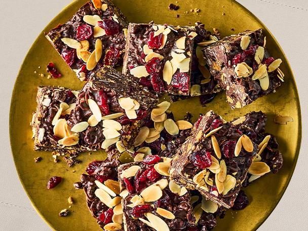 Chocolate squares with cranberries and almonds.
