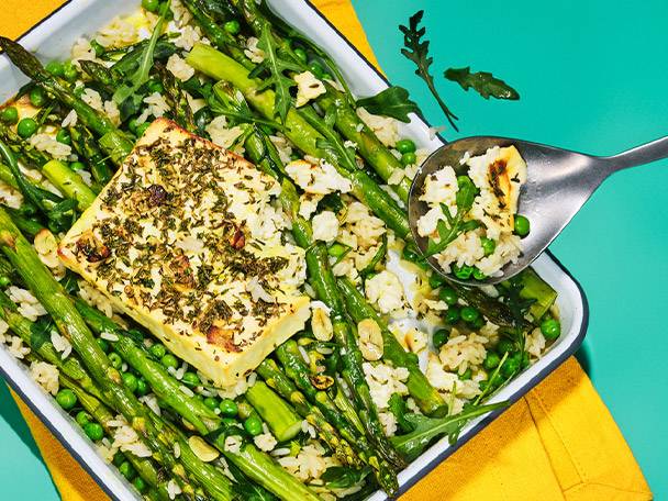 Baked feta and asparagus dish
