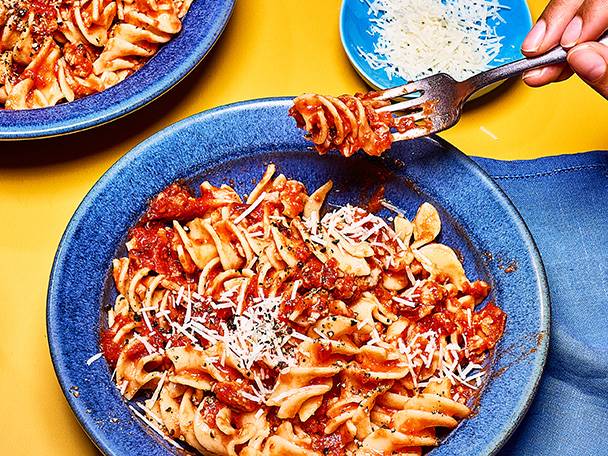 Rigatoni with tomato sauce and parmesan.