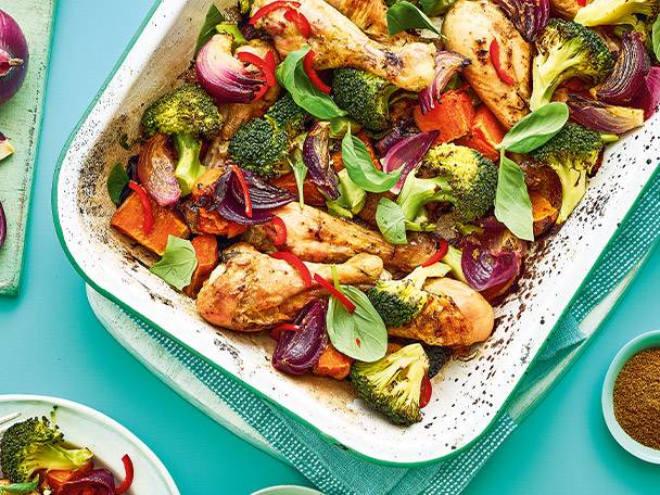Roast chicken, broccoli and sweet potato bake.
