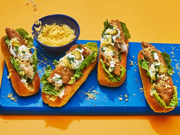 Fish finger sandwiches with lettuce and mayonnaise.