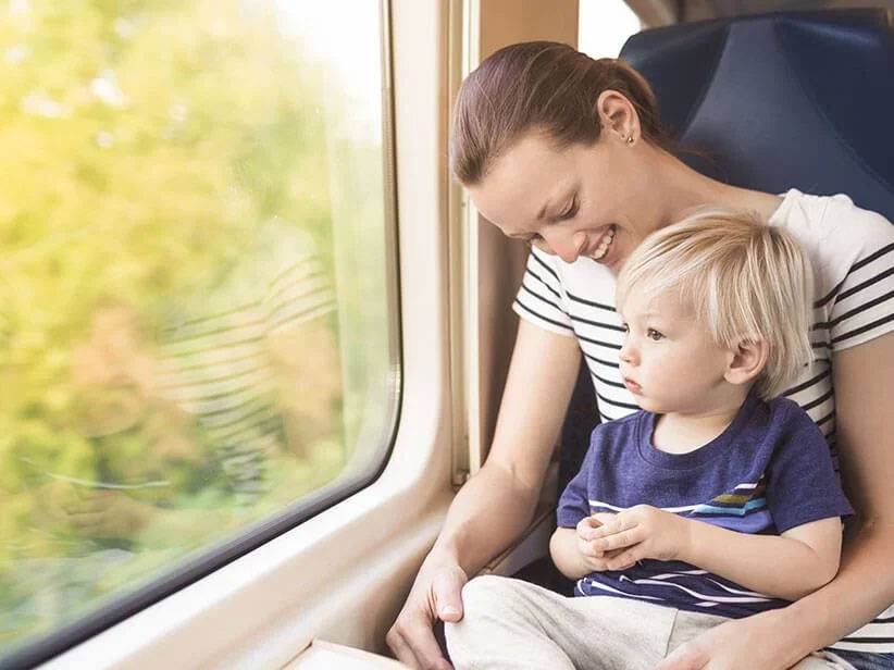 Mother and child on a train journey.