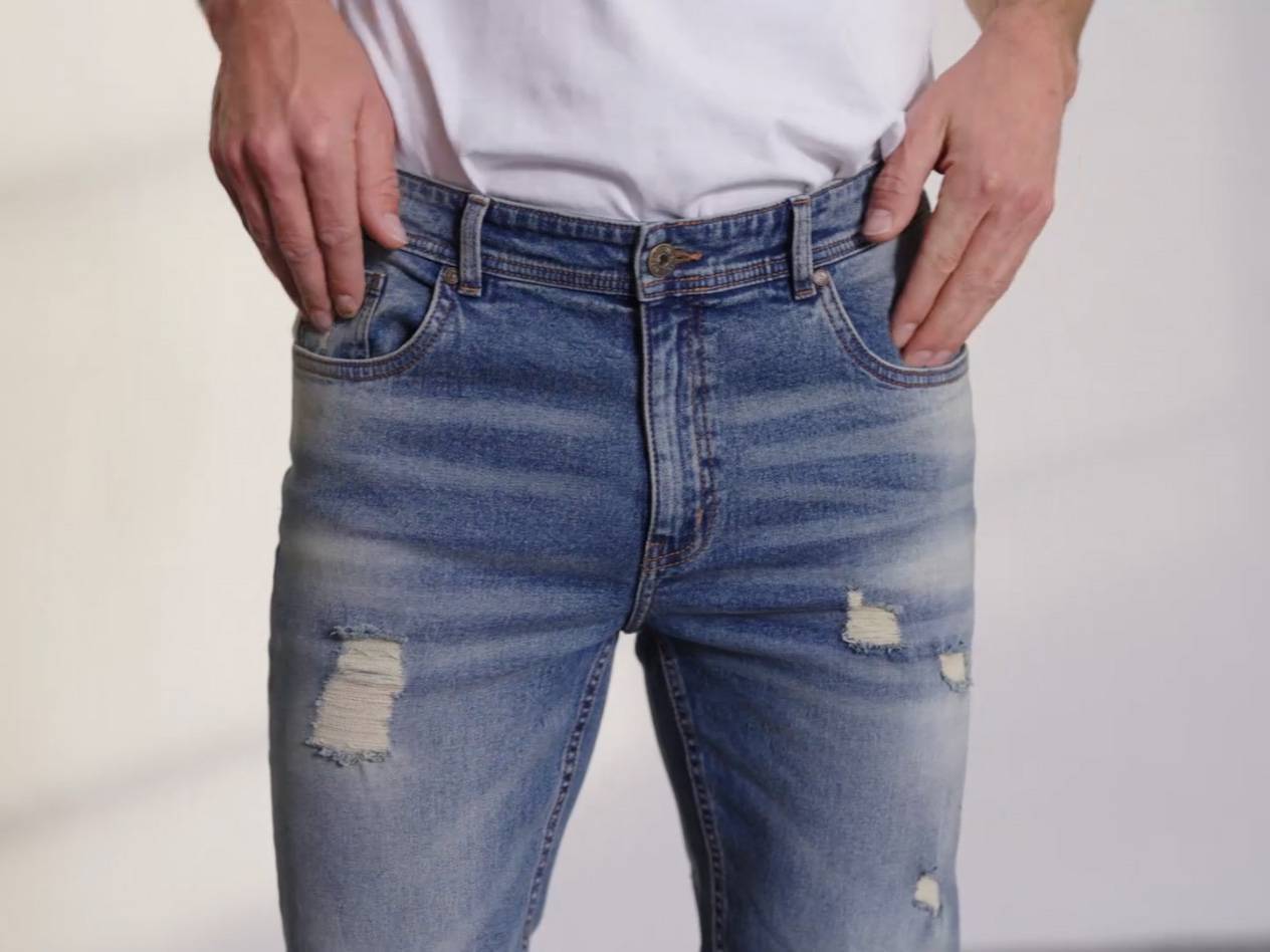 Distressed jeans.