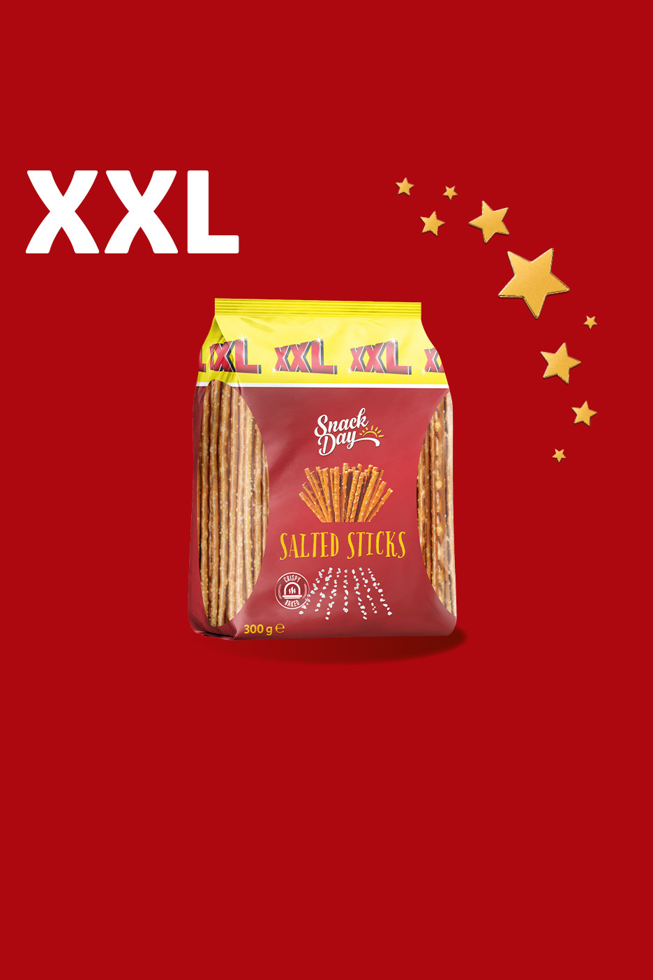 XXL pack of salted pretzel sticks on a red background with gold stars.