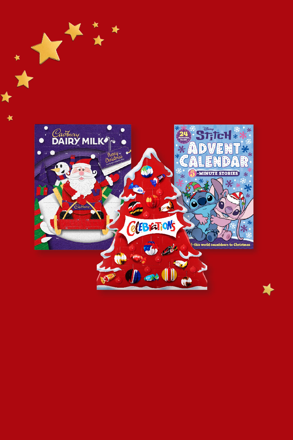Three festive Christmas advent calendars featuring chocolate and storybooks on a red background.