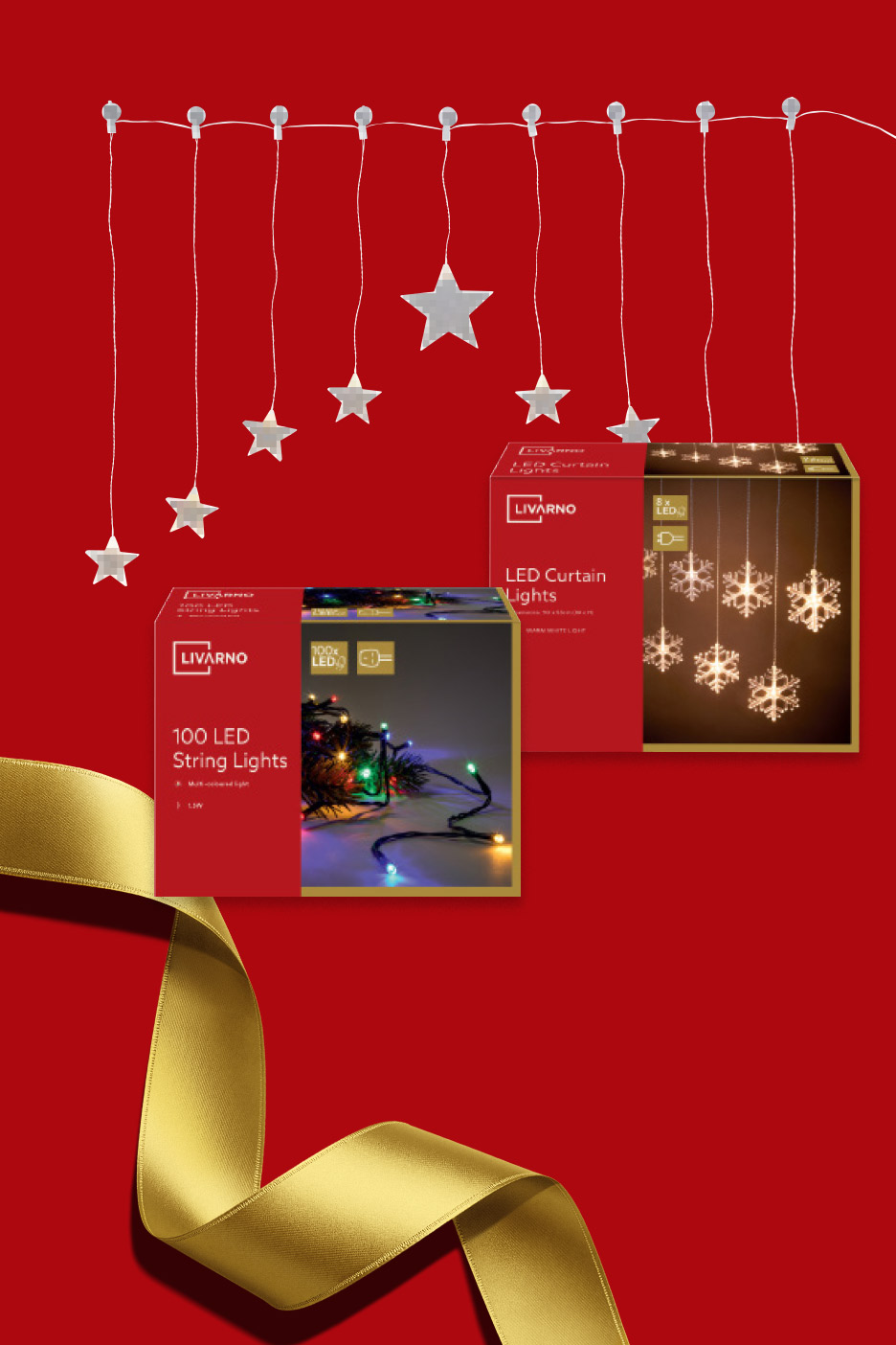 Festive LED string lights and curtain lights on a red background with a gold ribbon.