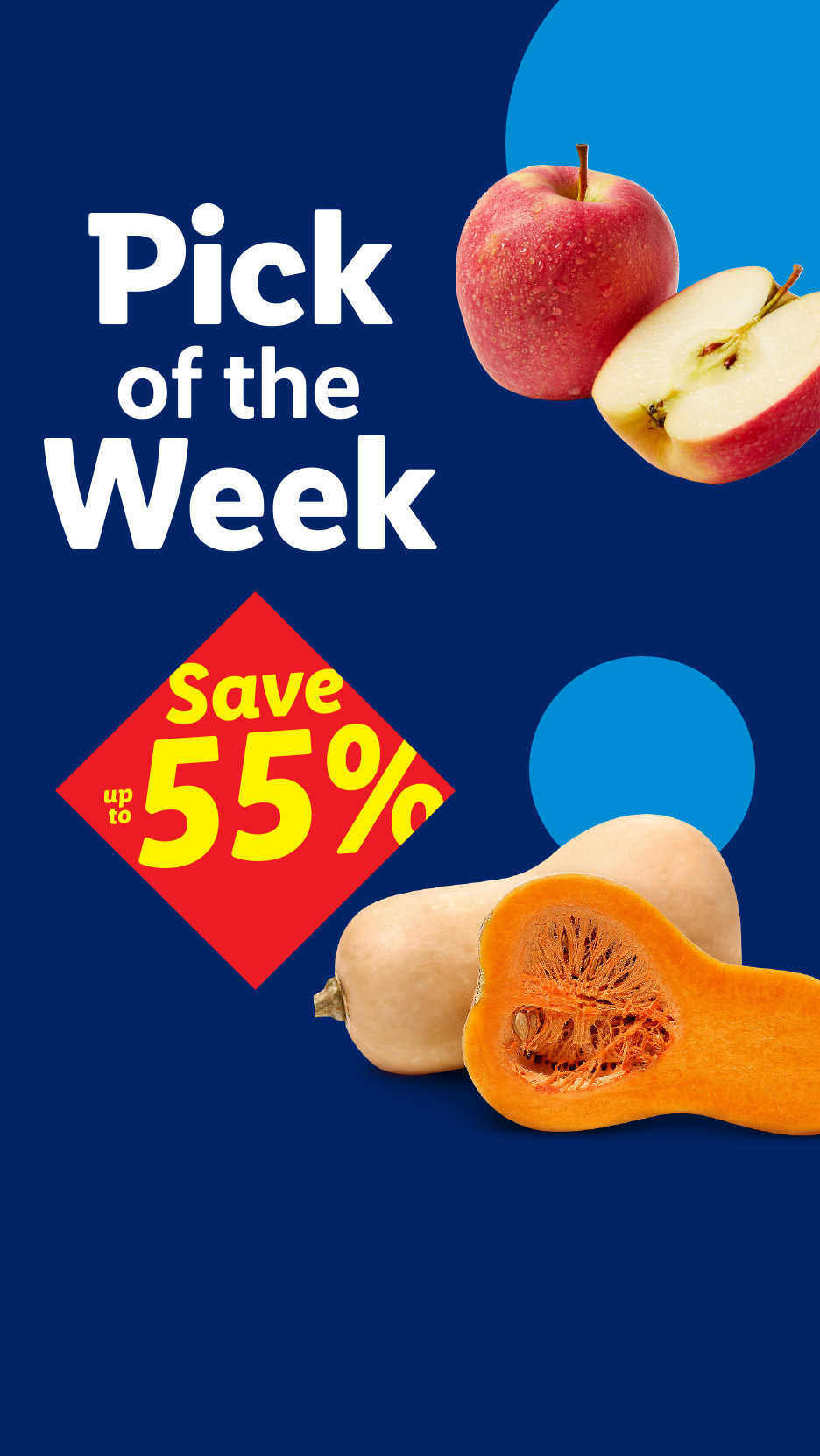 Weekly fresh produce deals with up to 55% savings on apples and butternut squash.