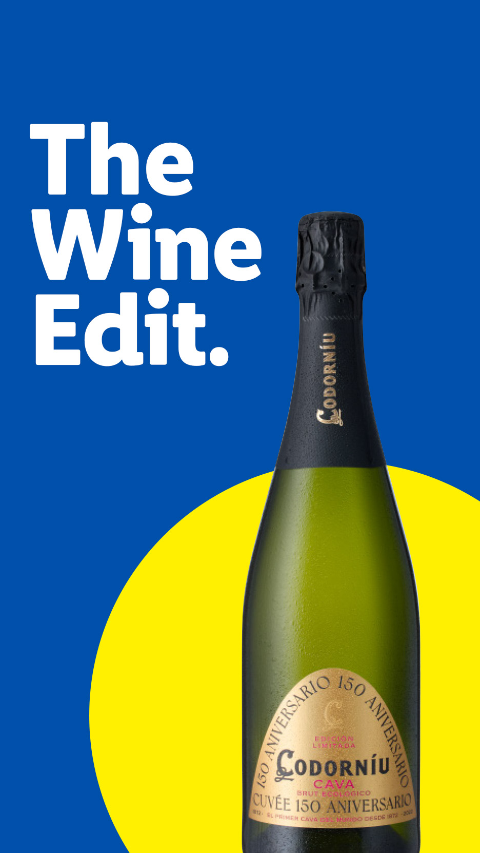 A bottle of sparkling Cava wine on a blue and yellow background with text 'The Wine Edit.'