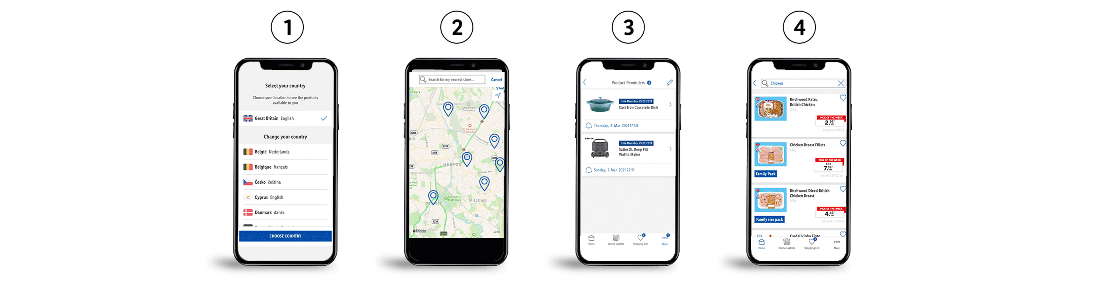 App for finding stores, products (e.g., casserole dish, waffle maker), and buying chicken.