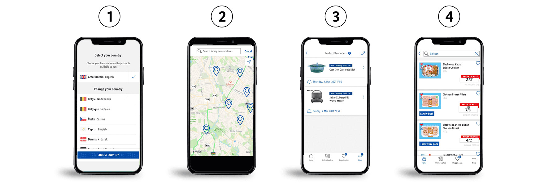 App for finding stores, products (e.g., casserole dish, waffle maker), and buying chicken.
