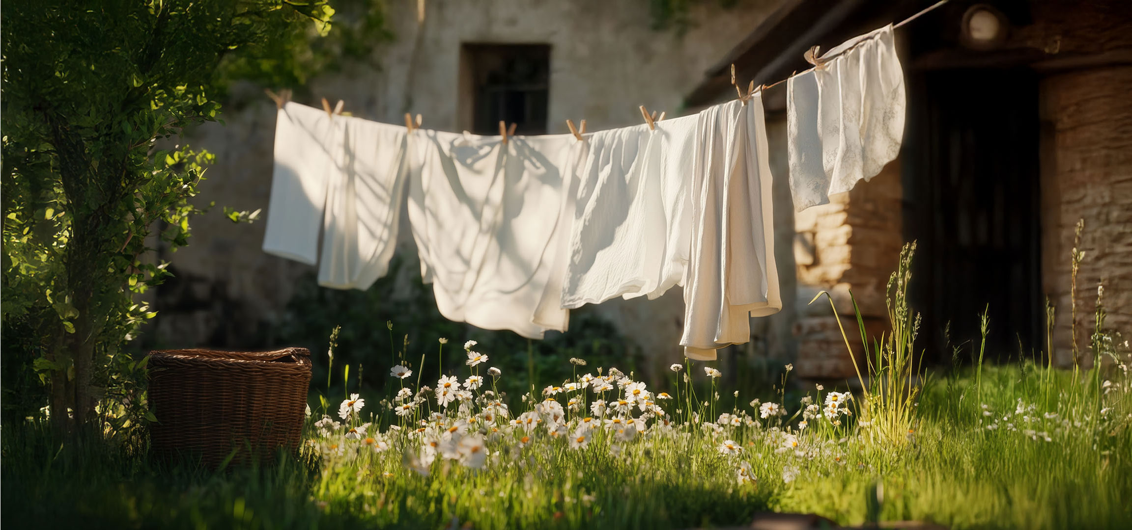 White clothes drying in a daisy garden.