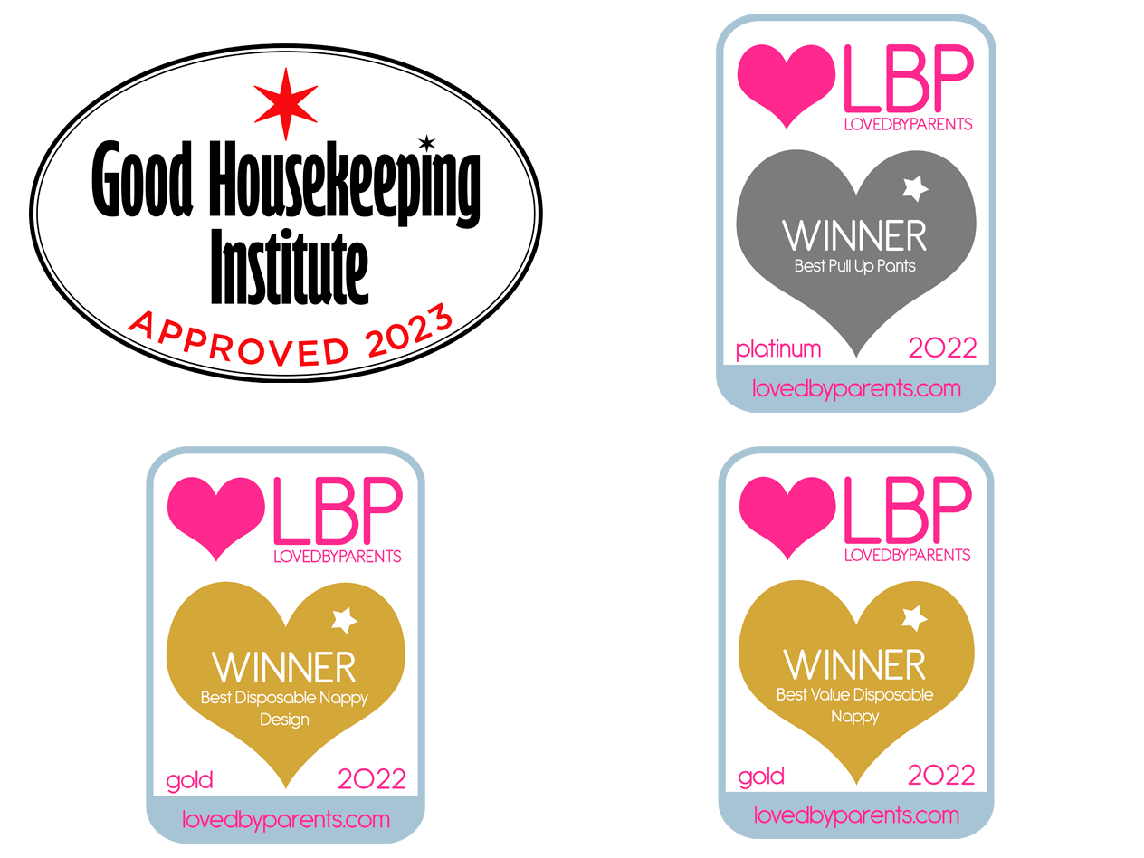 LovedByParents awards for nappies and Good Housekeeping approval.