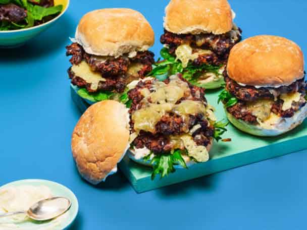 Cheese burgers in buns.