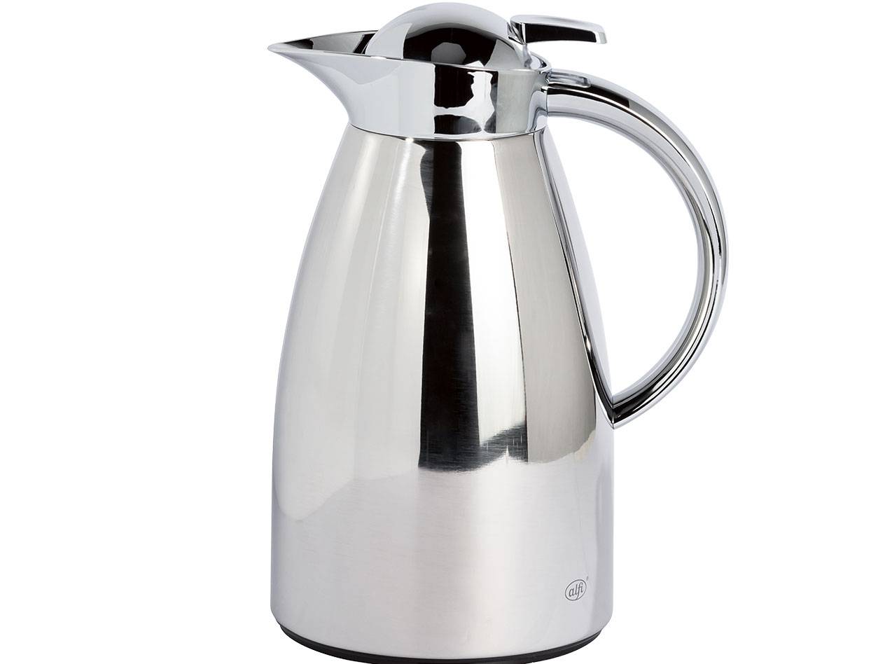 Stainless steel insulated jug with a chrome handle and spout, on a white background.