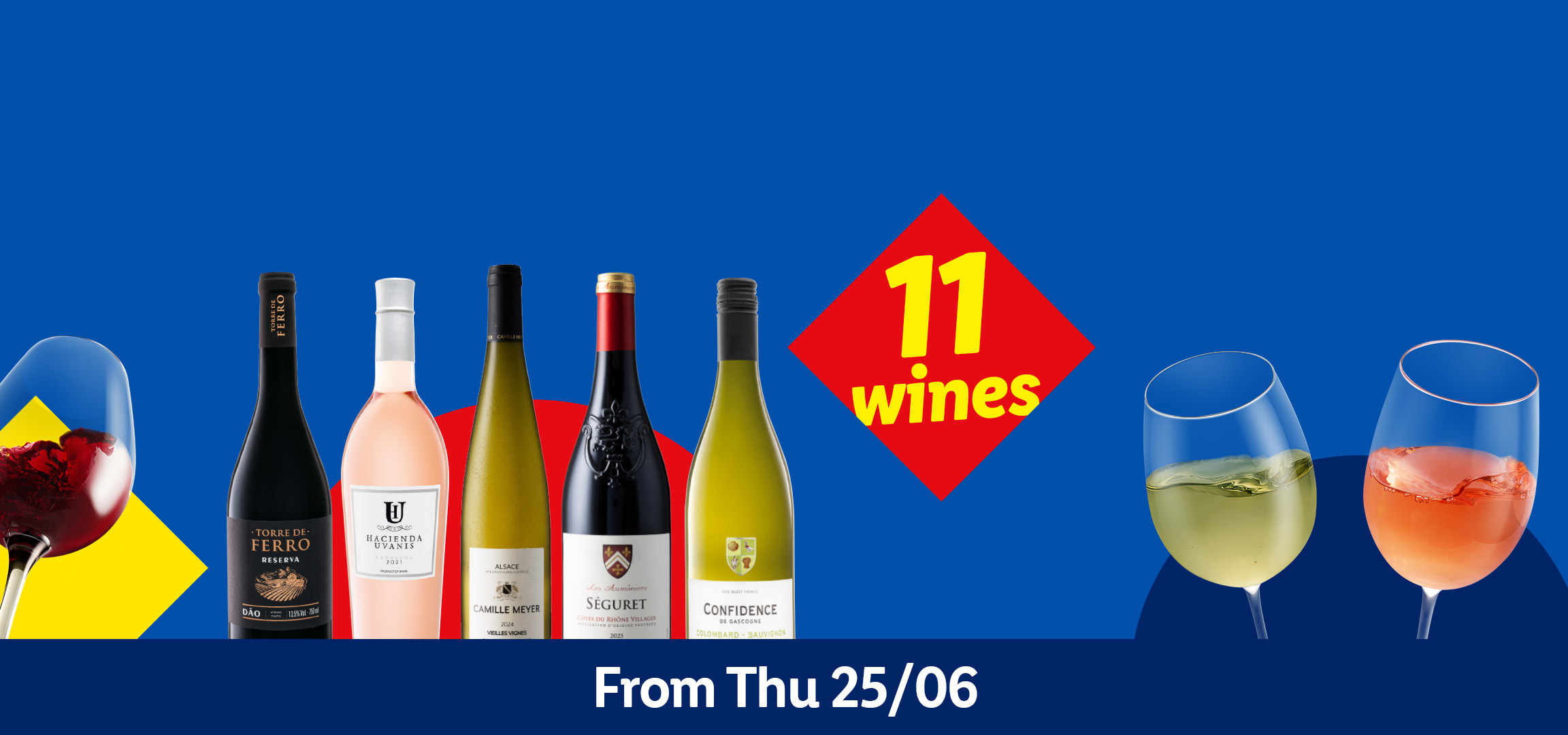 Wine bottles and glasses with red, rosé, and white wine, with text '11 wines' and 'From Thu 25/06'.