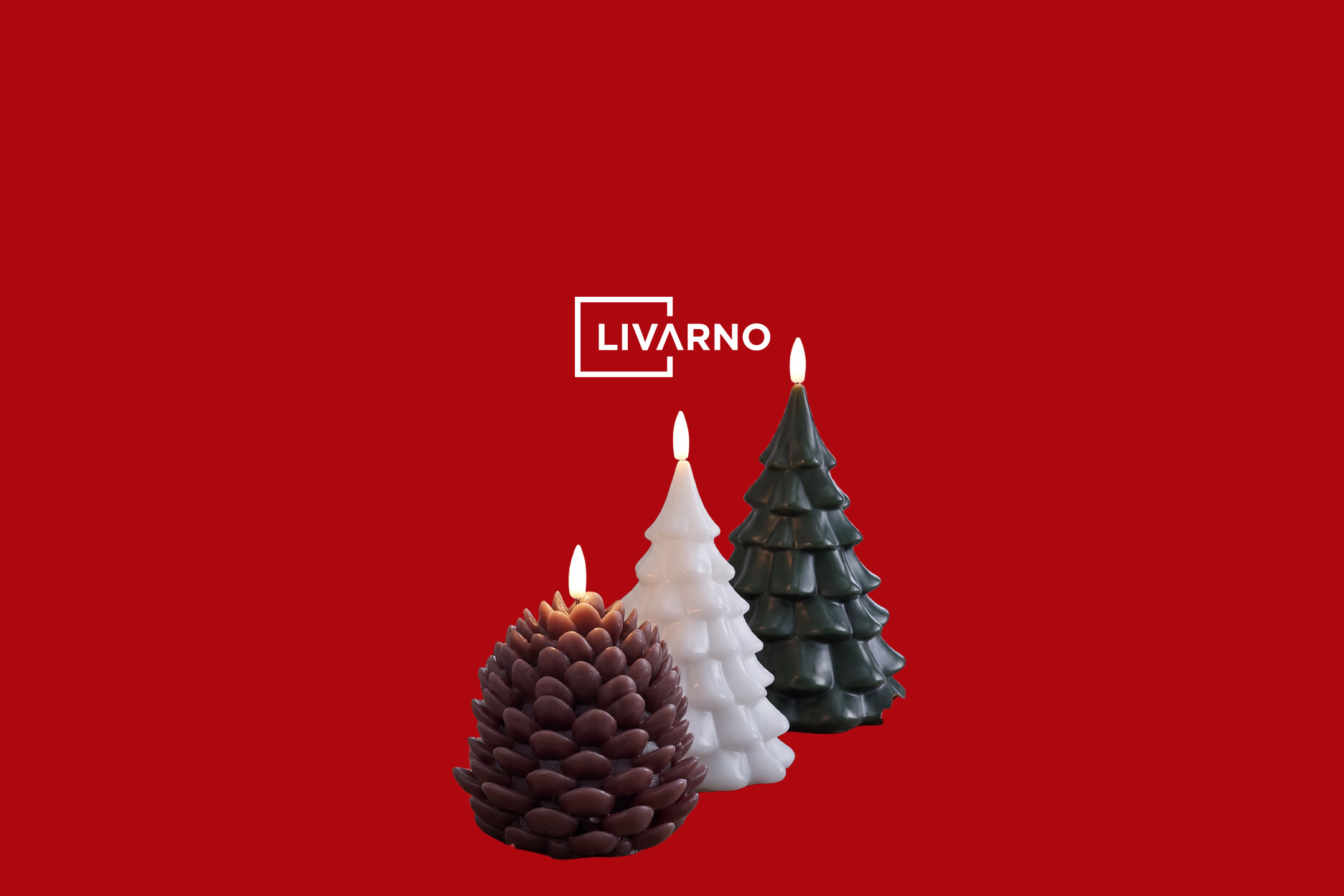Festive scented candles in glass jars and tree-shaped decorative candles on a red background.