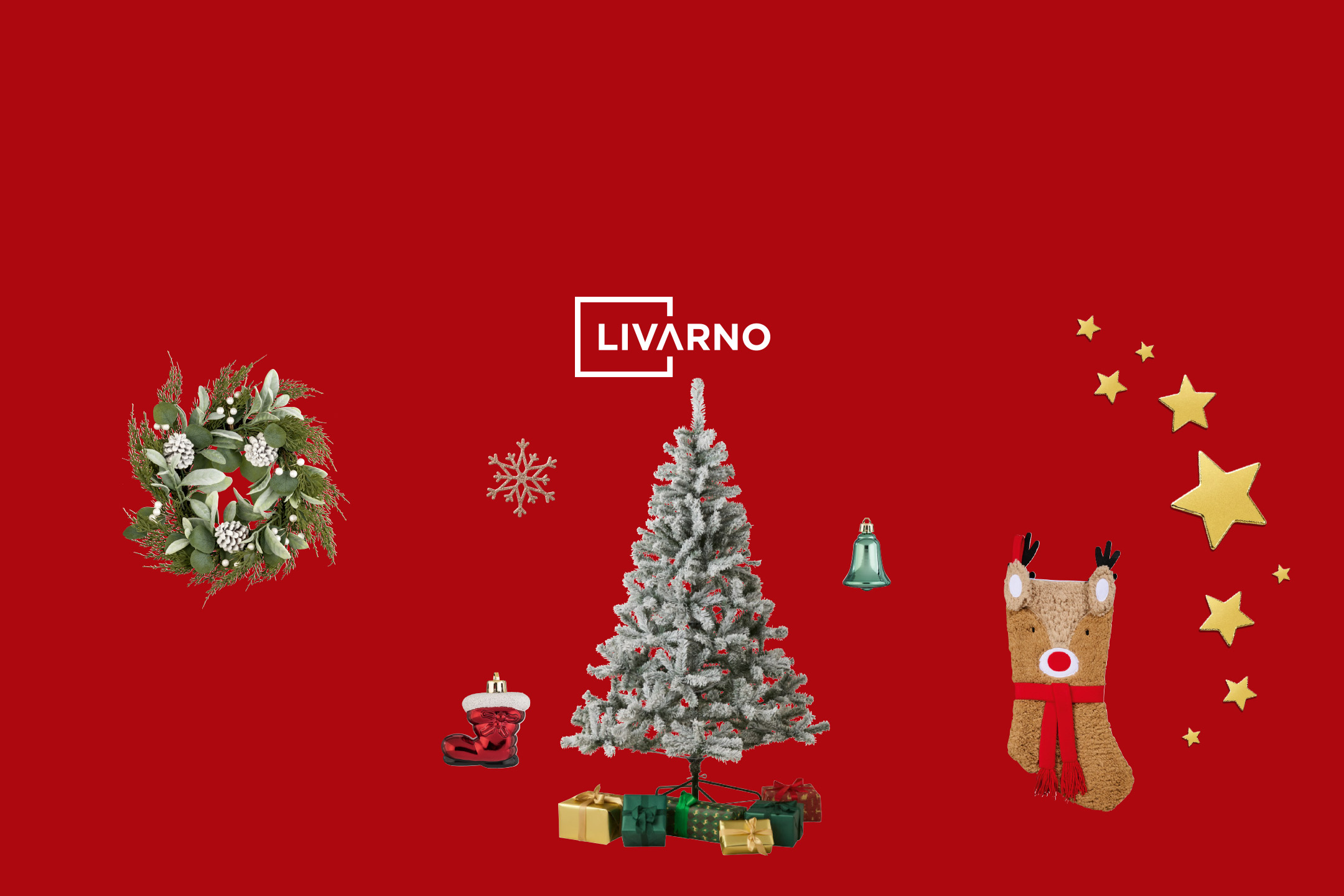 Festive Christmas decorations including wreaths, ornaments, a tree, and a stocking on a red background.