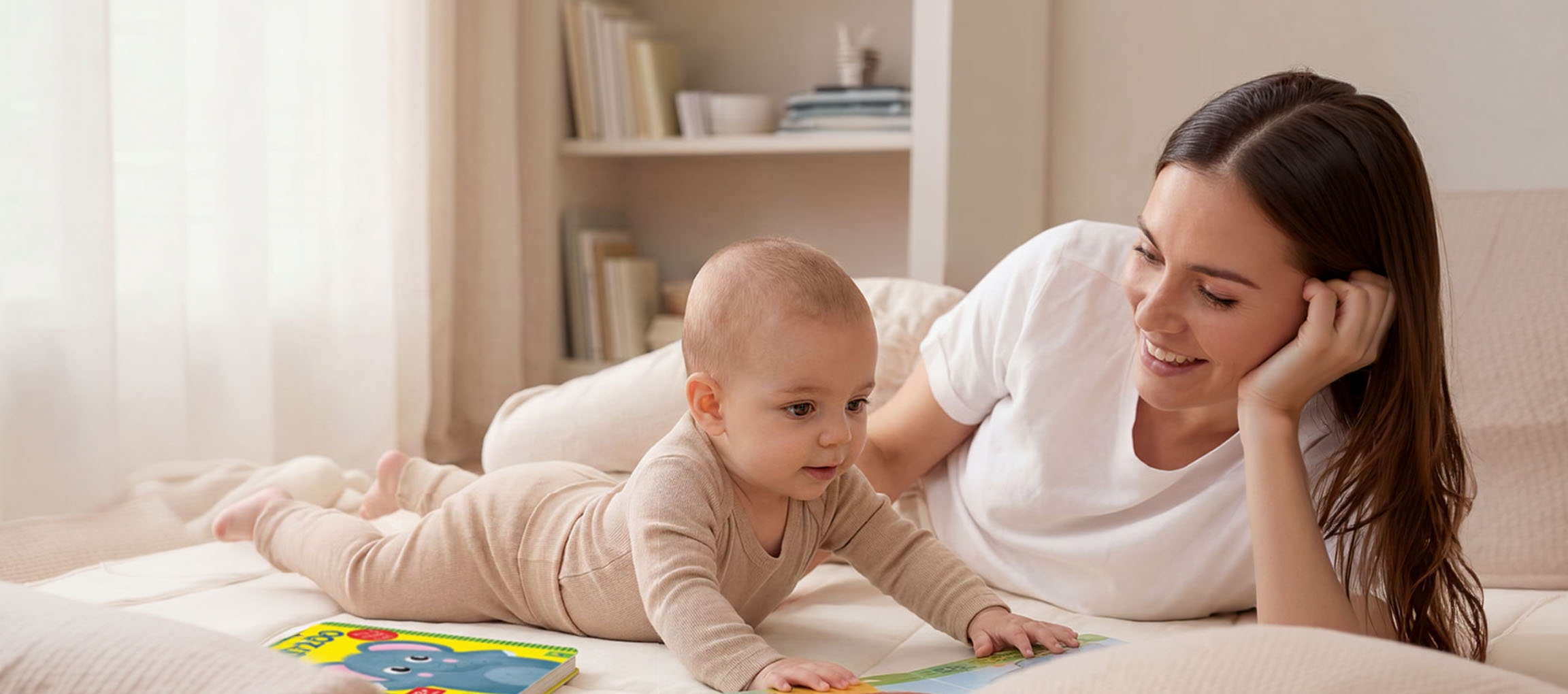 Mother and baby lying on a bed, reading a book.