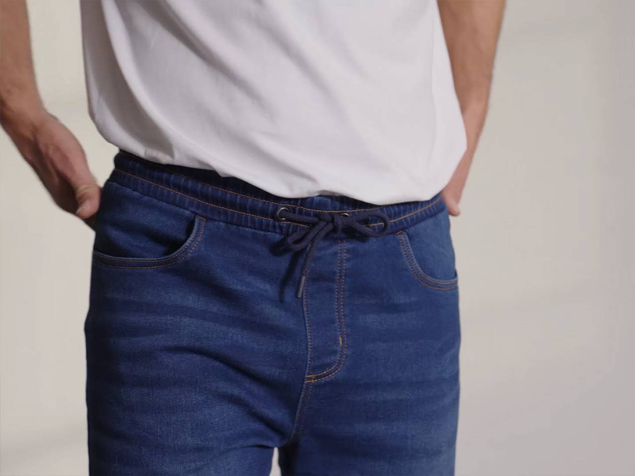 Drawstring denim joggers.